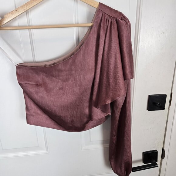 Lovers & Friends Park Top Womens XS Mauve Pink One Shoulder Ruffle Satin Cropped - Picture 2 of 11